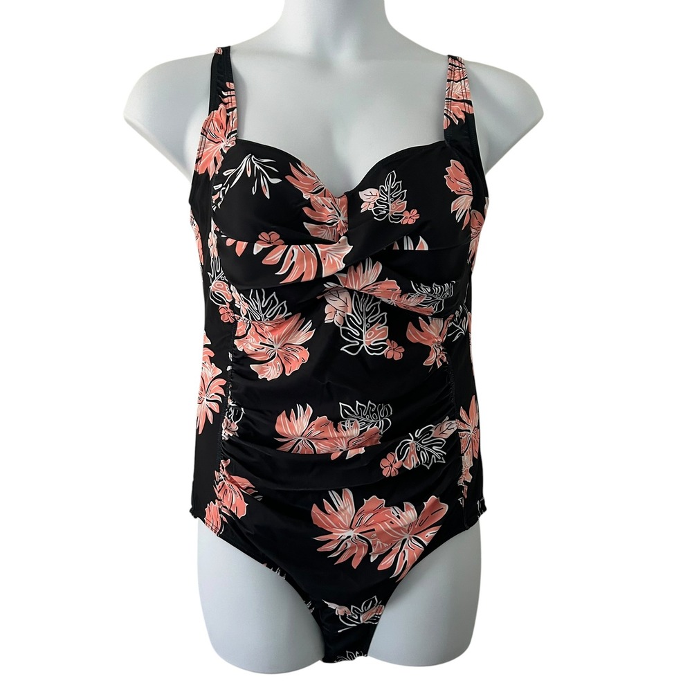 Women's One-Piece Black Floral Padded Adjustable Ruched Swimsuit XXL NWOT